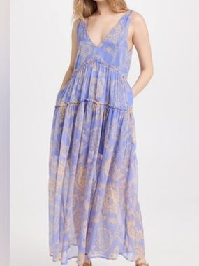 Free People Lavender and Beige Paisley V-Neck Maxi Dress
